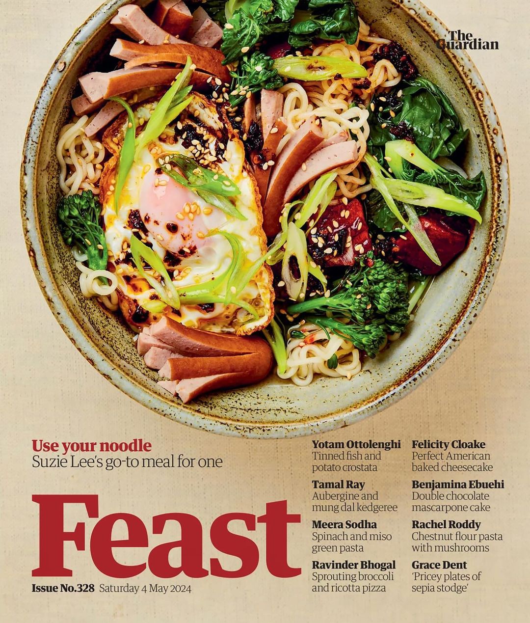 Overhead shot of noodle bowl with fried egg, greens, and sliced meat, magazine cover, featuring Feast and The Guardian logo.