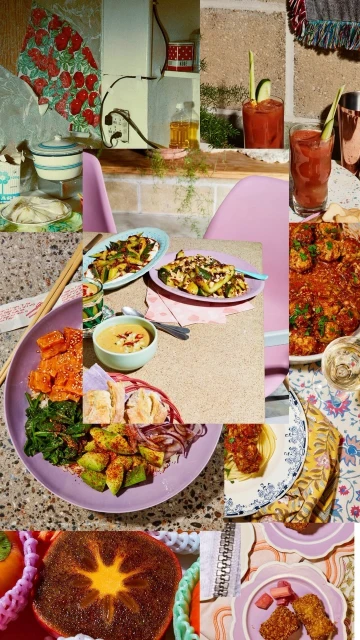 Collage of colorful food plates with vibrant vegetables, meats, and drinks on a pink background, creating a visually appetizing mosaic.