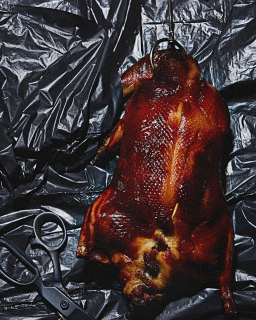 Overhead shot of a glistening, roasted duck hanging above a black plastic sheet with a pair of black scissors in the corner.