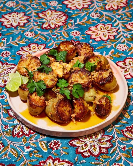 Overhead shot of golden brown potatoes stuffed with herbs, lime wedges on a pink plate atop a vibrant floral tablecloth.