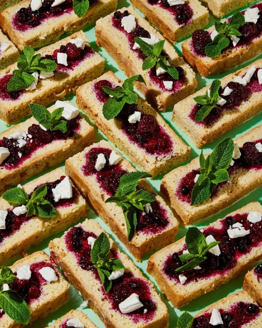 Overhead shot of multiple rectangular dessert slices topped with dark berry jam, small white cheese pieces, and mint leaves on a light green background.