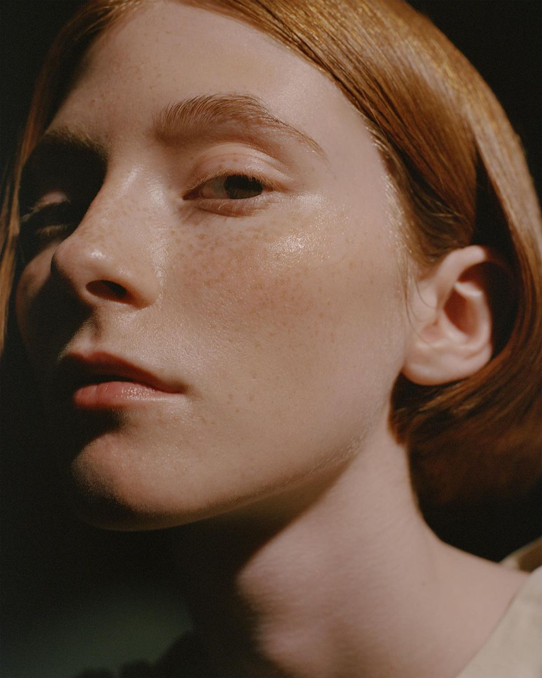 Close-up studio portrait of a fair-skinned young woman with reddish-brown hair, featuring soft, natural lighting and a shallow depth of field.