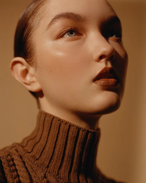 Close-up portrait of a young woman with blue eyes and brown lipstick wearing a brown knit turtleneck sweater, looking up.