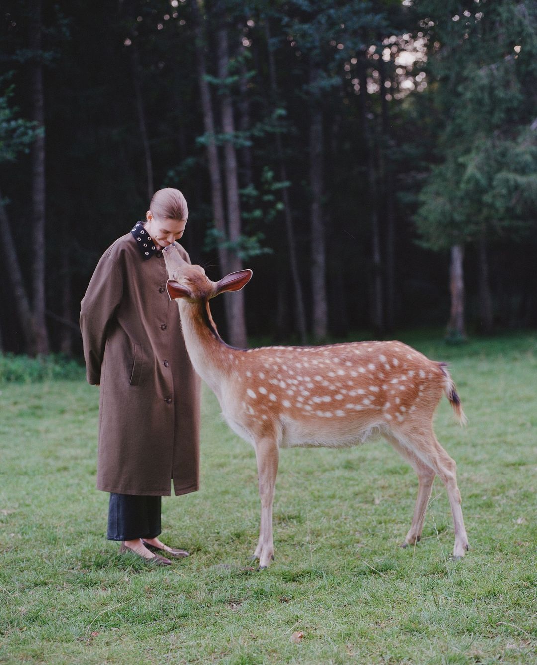 A woman in a brown coat stands on grass next to a spotted deer in an outdoor setting with a forest background in soft, natural light.