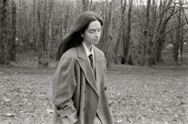 Monochrome portrait of a woman with long dark hair wearing an oversized wool coat and tie outdoors in a forest.