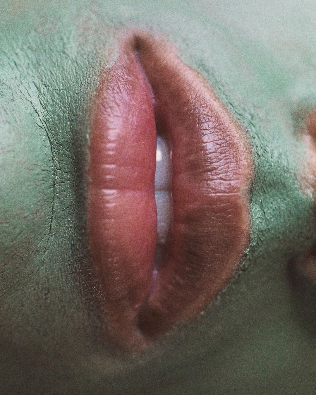 Macro shot of human face with green skin and red lips showing teeth, highlighting texture and color contrast in a close-up composition.