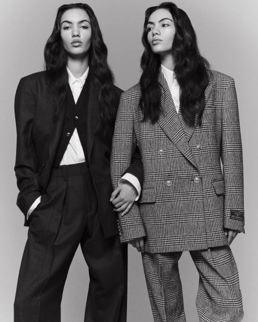 Two women in oversized suits, holding hands, in a black and white studio fashion shot, showcasing tailored blazers and wide-leg trousers.