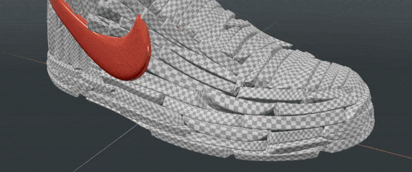 Digitally rendered shoe with a red Nike swoosh and checkerboard pattern; visual effects create a dynamic and striking presentation.