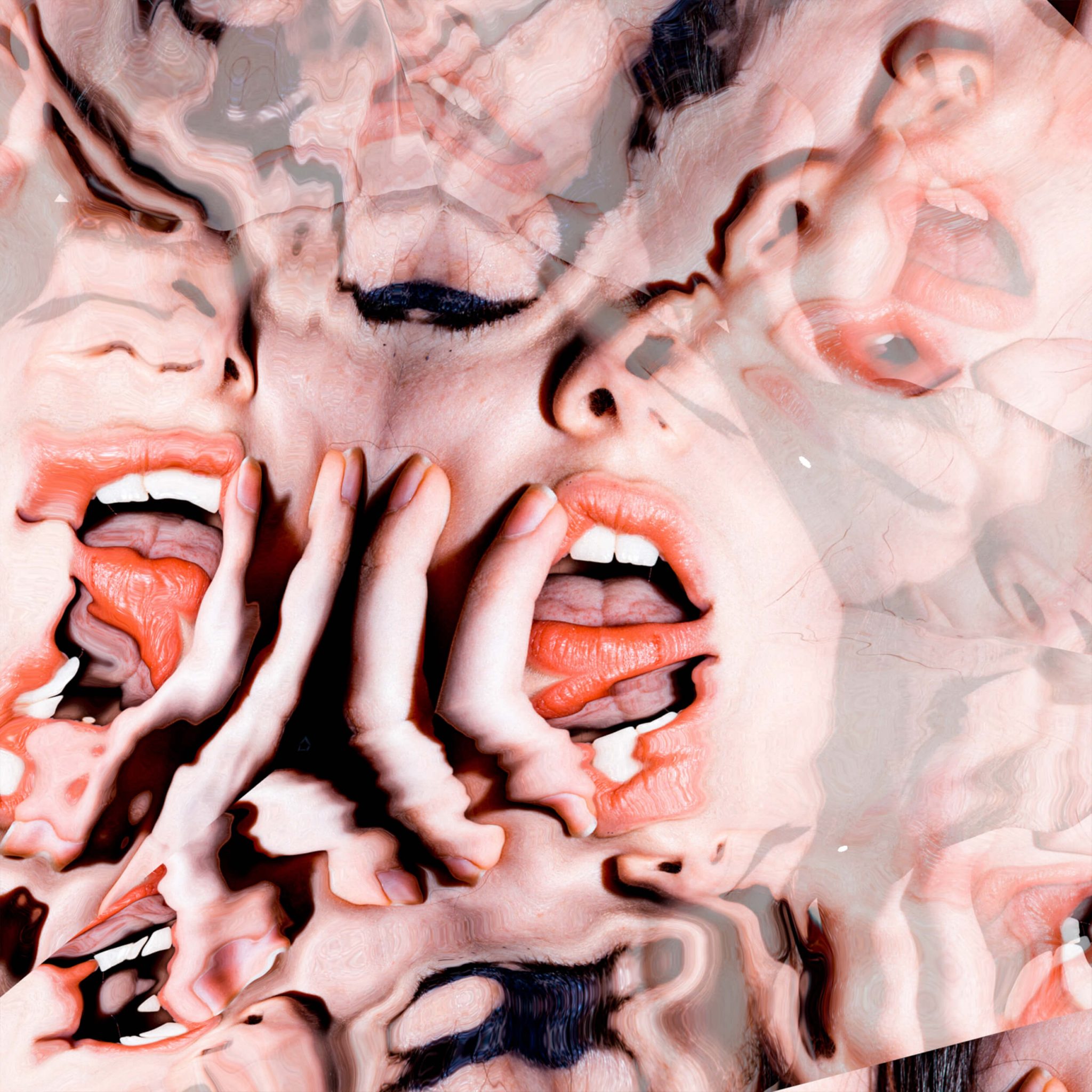 Abstract face art with multiple mouths and fingers, rendered with fluid, distorted textures and a pink-grey color palette.