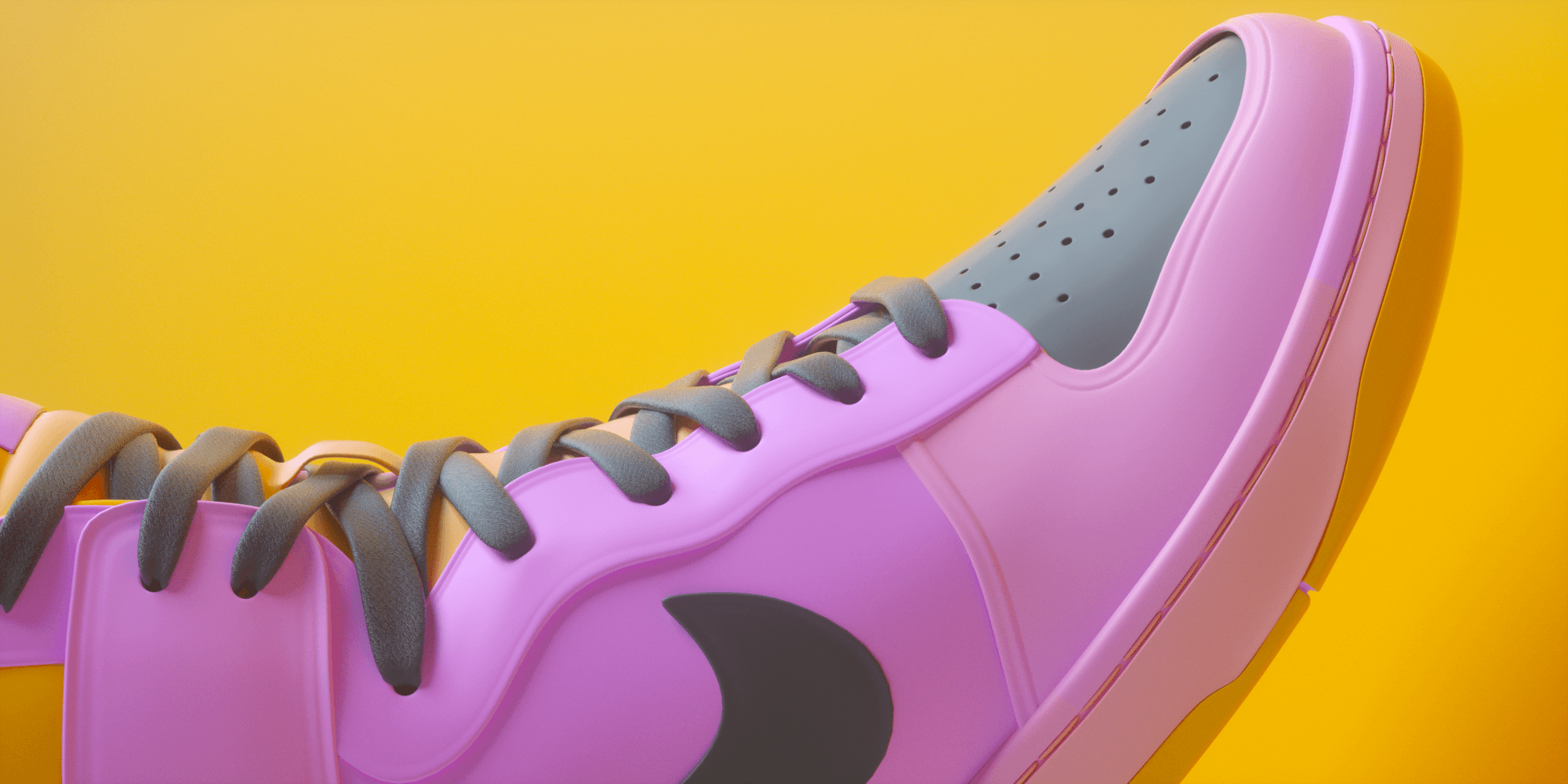 Close-up shot of a pink and gray sneaker against a yellow background, showcasing the shoe's design and color palette.