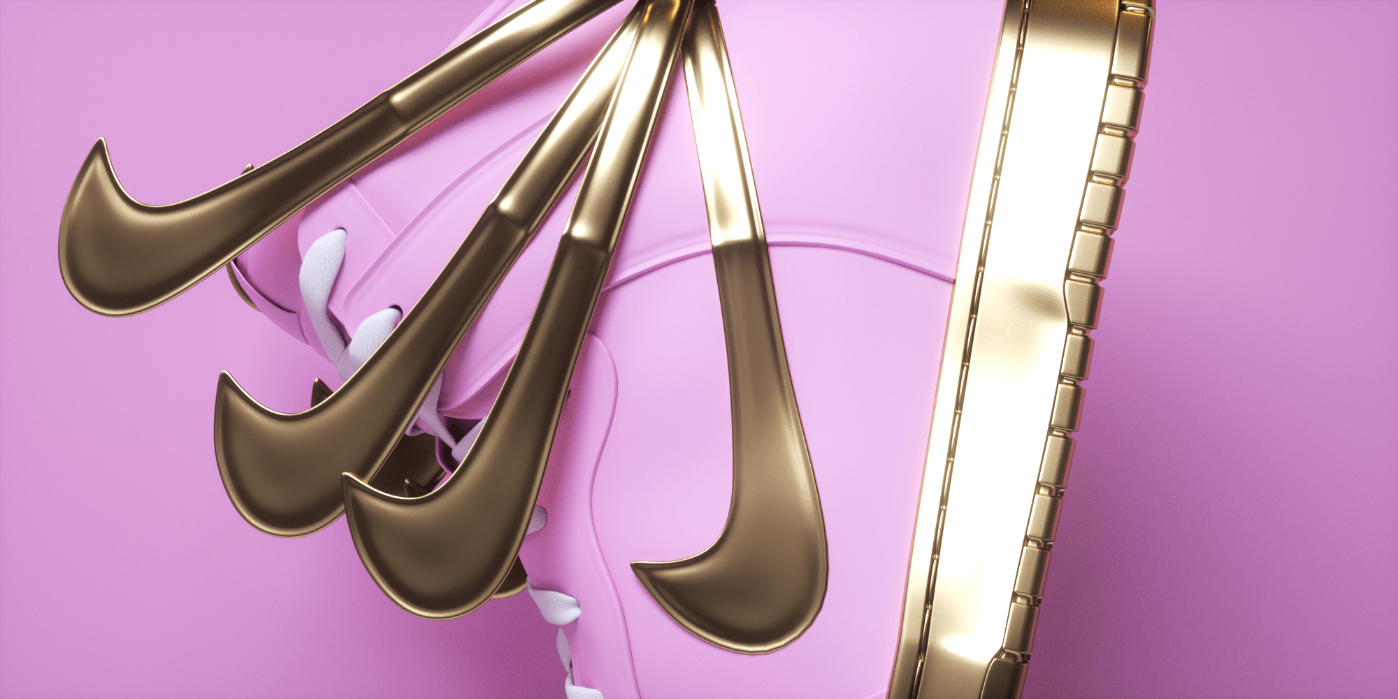 Pink and gold sneakers presented on a pink background, showcasing shoe details like the laces, sole, and iconic swoosh design.