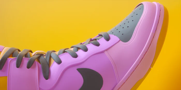 Close-up macro shot of a pink and grey sneaker with dark laces against a vibrant yellow background