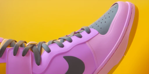 Close-up macro shot of a pink and grey sneaker with dark laces against a vibrant yellow background