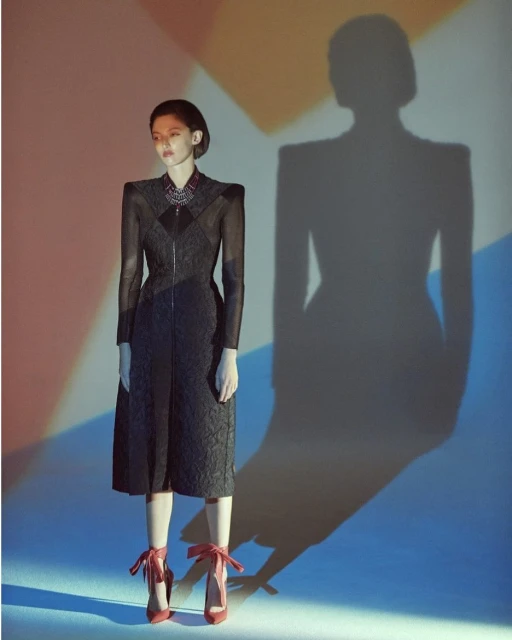 Elegant woman in a black dress poses against a geometric colored backdrop with her shadow cast behind her in a fashion photograph.