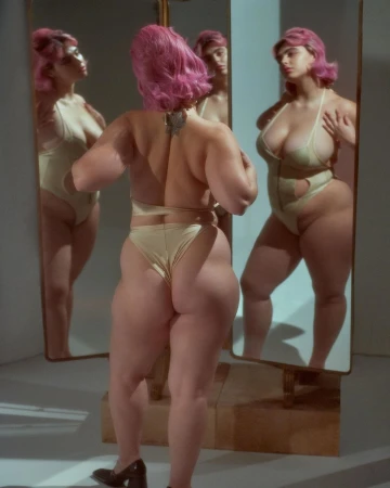Two views of a plus-size woman with pink hair in a light-yellow bodysuit, reflected in a tall mirror, indoors.