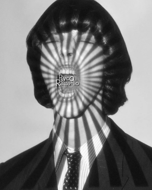 Monochrome studio shot of a person in a suit with a radial pattern projected onto their face, open mouth, and dark, styled hair.