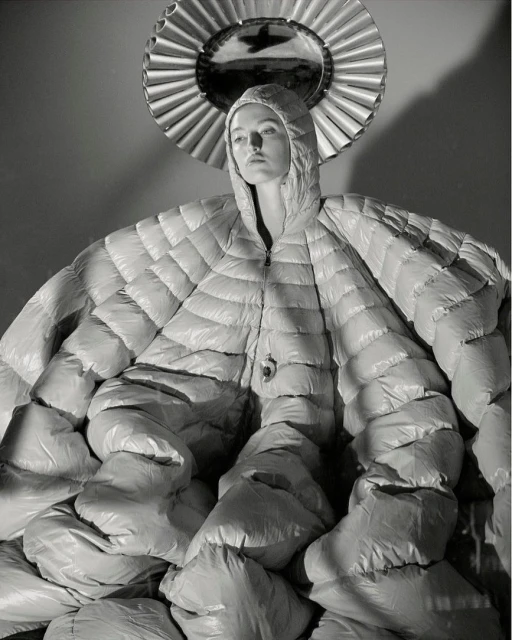 Monochrome fashion shot of a person posing in a large, quilted coat with hood, against a neutral backdrop with round mirror.