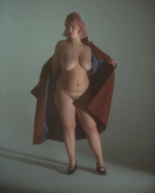 Topless woman with pink hair and a brown coat standing in a light-grey photo studio with a blurred background and soft lighting.