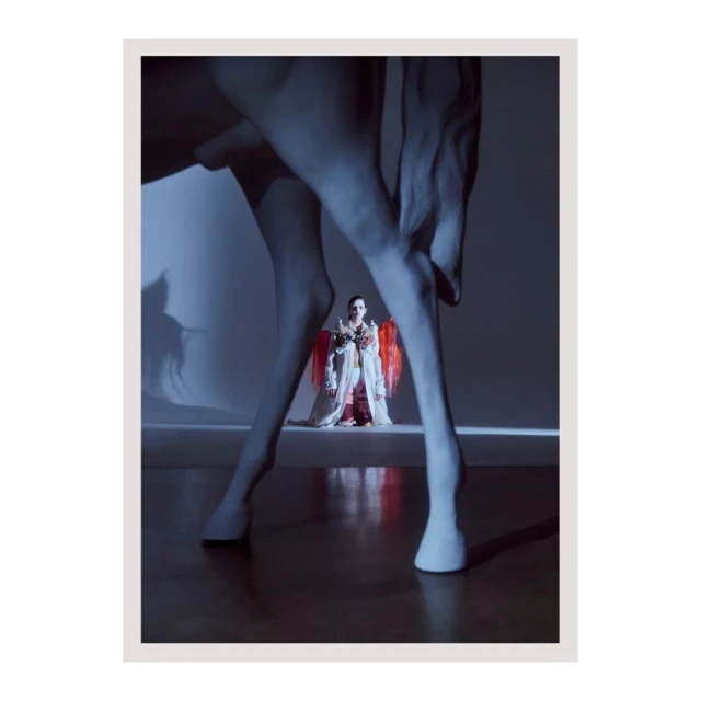 Fashionable figure poses between horse legs, striking a pose in a photo studio with vibrant colors and dramatic lighting.