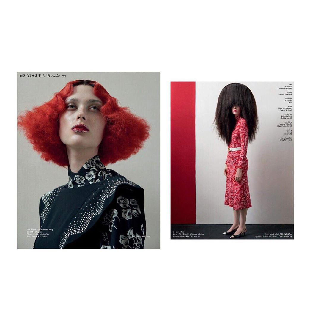 Fashion editorial featuring a portrait of a woman with bright orange hair and a full-length shot of a woman with a large afro.