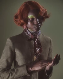 Black woman with red short hair wearing a patterned silk scarf and olive jacket by Lucian Bor in Paris