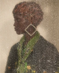 Profile portrait of a person seen through textured bubble wrap wearing a green scarf and dark jacket with large square earrings.