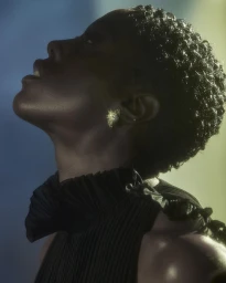 Profile portrait of a Black woman with short dark hair wearing a black pleated high-neck top and a sparkly earring.