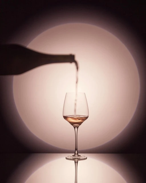Wine bottle pours liquid into a glass on a reflective surface with soft pink lighting and a circular spotlight in the background.