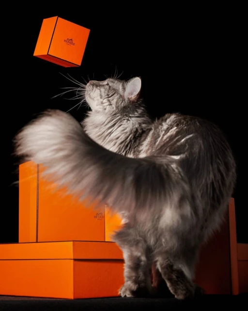 Gray cat sitting on stack of orange gift boxes, with one floating above, against a dark background in a studio setting.