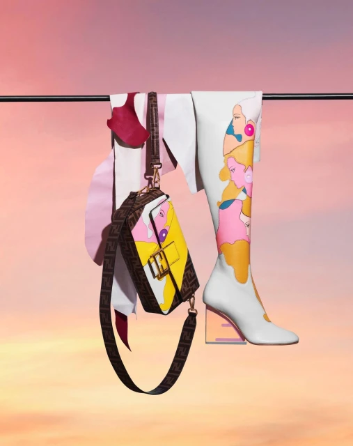 High-fashion still life featuring a colorful handbag and a tall printed boot against a gradient pink and orange sky background.