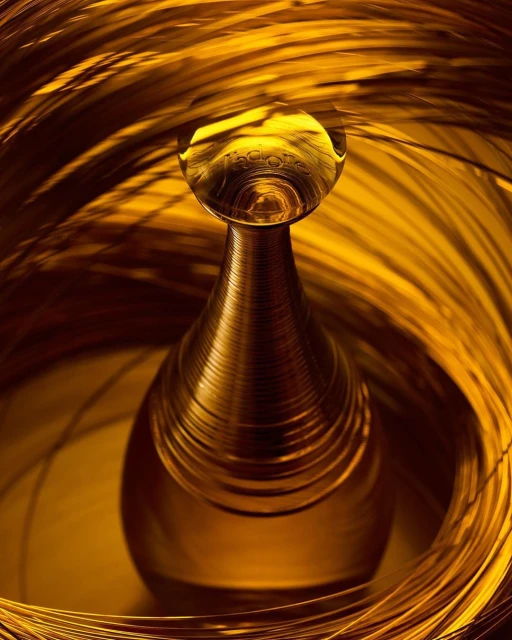 Close-up studio shot of a gold perfume bottle with a spherical top, surrounded by swirling gold strands, emphasizing luxury and fragrance.