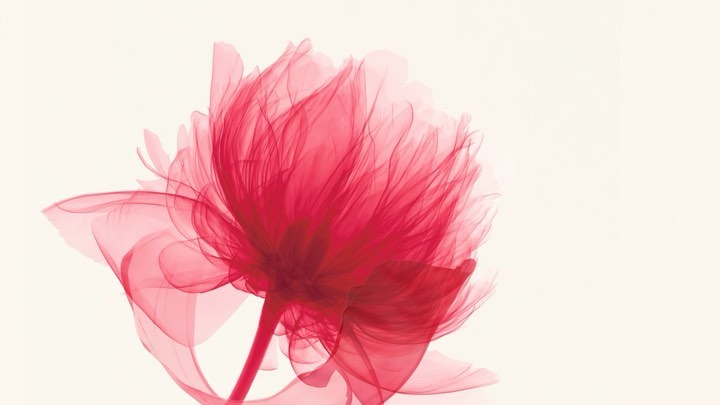 Floral art with a single red flower blossom on a stem, rendered in a wispy, almost translucent style against a plain white background.