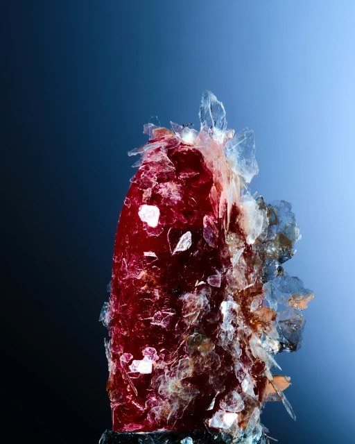 Close-up studio shot of a reddish-brown crystal formation with translucent shards against a dark blue to light blue gradient background.