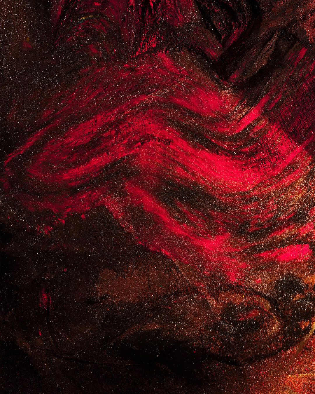 Abstract art painting featuring swirling textures and patterns in shades of red, brown, and black, creating a dynamic visual composition.