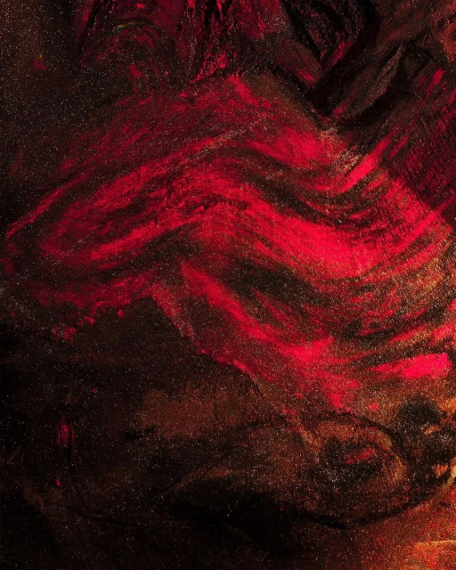 Abstract art painting featuring swirling textures and patterns in shades of red, brown, and black, creating a dynamic visual composition.