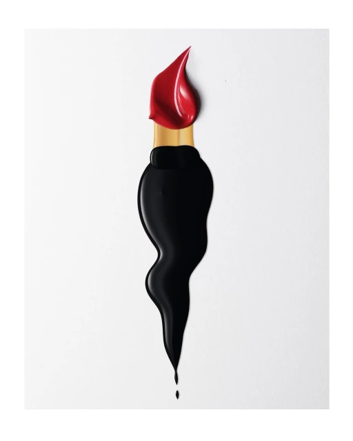 Swirl of black liquid with red lipsticks on top of wooden paintbrush handle against white background, beauty concept photography.
