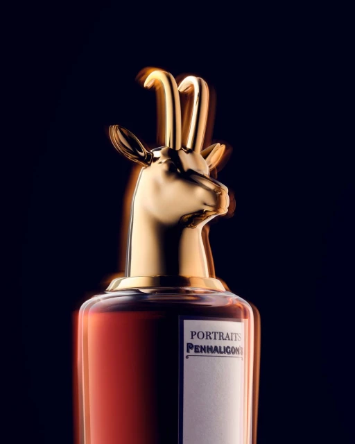 Close-up of Penhaligon's fragrance bottle with gold animal head stopper against a dark background, beauty and luxury product.