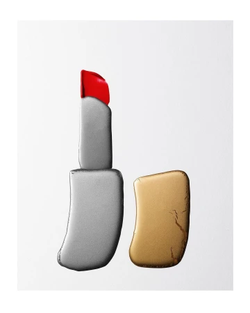 Still life shot of opened lipstick tube with silver body and red cap on a white background in a square, studio-lit composition.