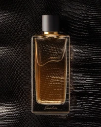 Rectangular glass perfume bottle with dark cap against a dark textured crocodile skin pattern background photographed by Lucie Conrad.