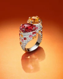 Close-up product shot of an ornate diamond and gemstone ring with a large red center stone on an orange surface