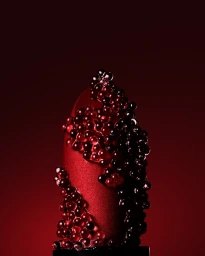 Close up of a red lipstick covered in glistening water droplets against a dark red gradient background
