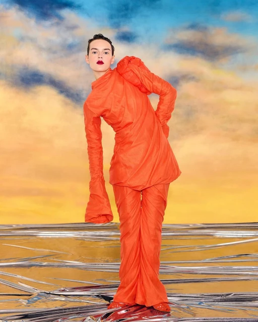 Woman in orange draped outfit strikes a pose against a surreal backdrop of orange sunset, blue sky and metallic floor in a fashion shot.