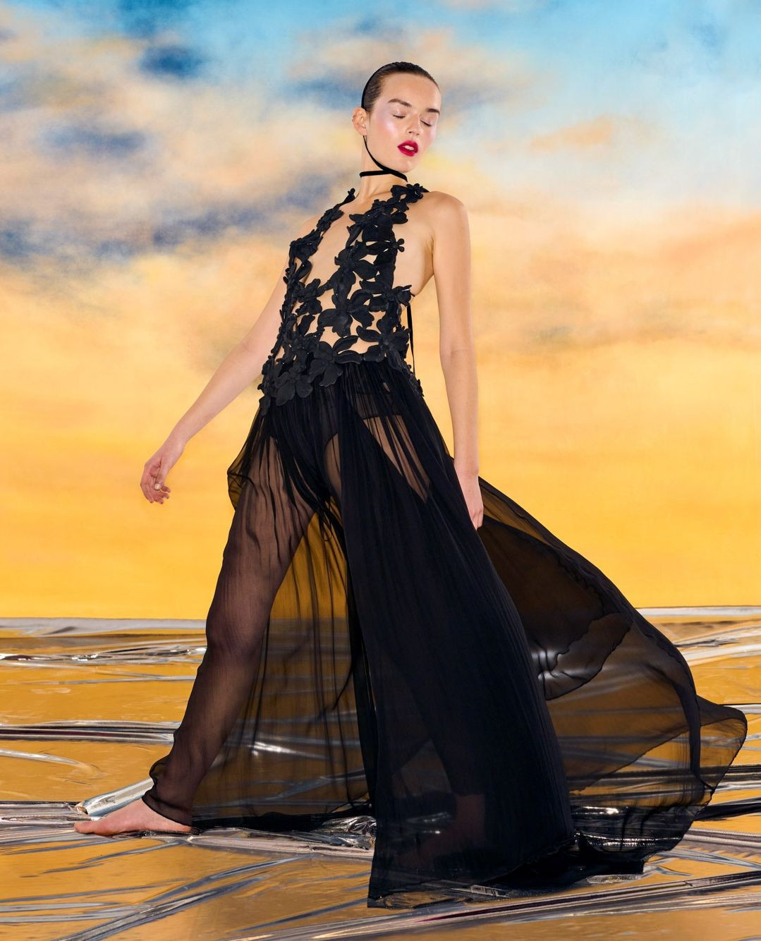 A model poses in a black gown with a floral bodice and sheer skirt against a yellow and blue sky-like backdrop, evoking high fashion.
