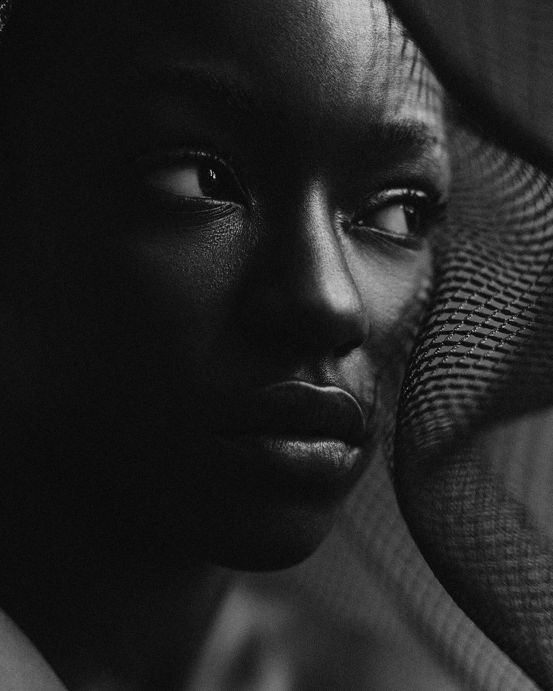 Close-up portrait of a young Black woman with dark skin, glancing off to the side, partially obscured by a dark netting.