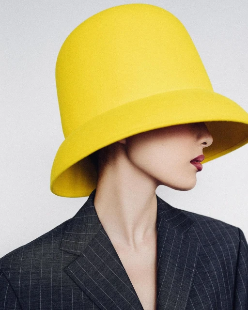 Profile view of a person wearing a yellow bucket hat and a gray pinstripe blazer against a pale background in a fashion-style photograph.