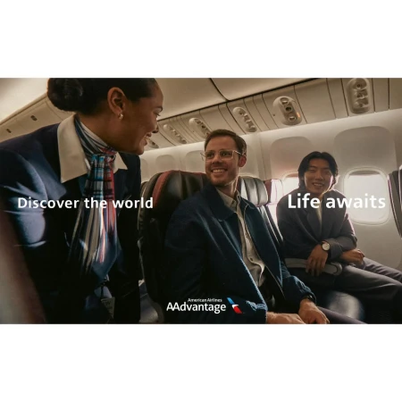 Three people on an airplane: a flight attendant, a passenger in glasses, and another passenger looking out the window. Travel theme.