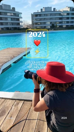Woman photographs a large turquoise pool next to a modern condo building with a professional DSLR camera; bright sunshine and architectural view.