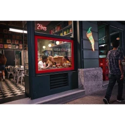Exterior street view looking through a large red-framed window at three people sitting together inside a brightly lit restaurant.