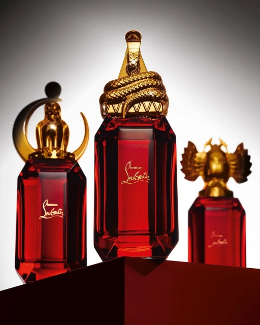 Three red glass perfume bottles with ornate gold caps on a red surface against a gradient background, showcasing luxury fragrance design.