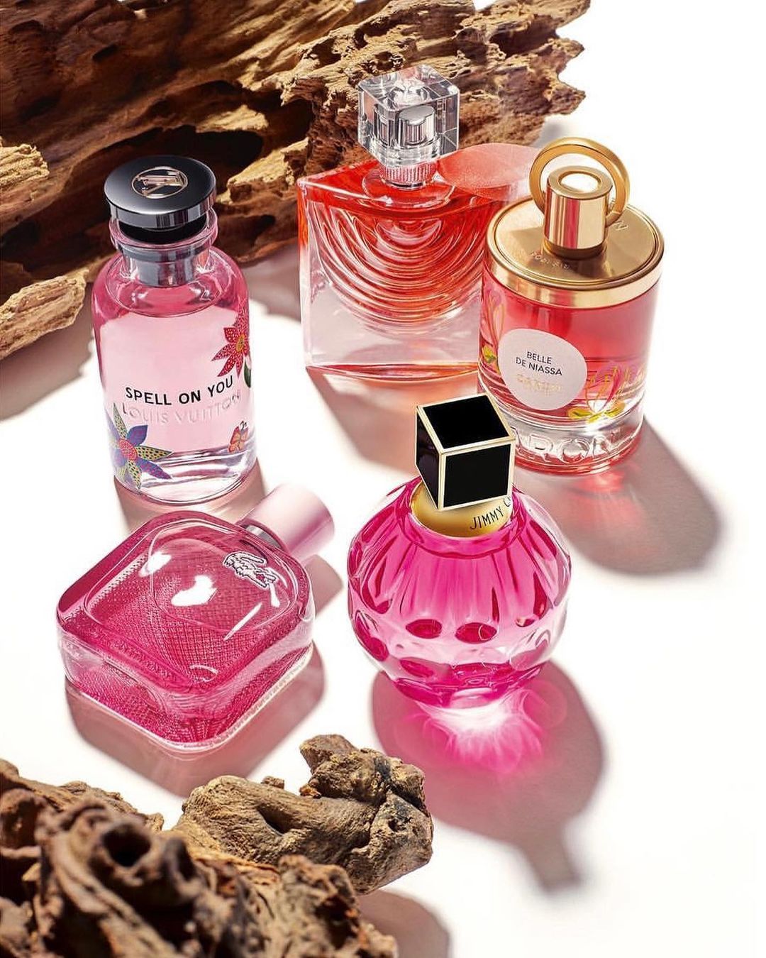 Five perfume bottles of various shapes and sizes are arranged on a light surface with textured wood pieces scattered around them.